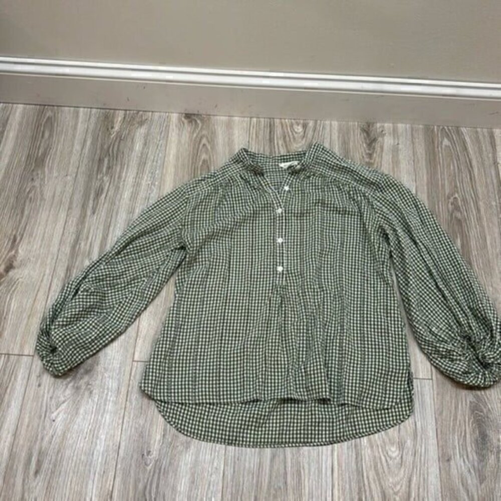 Max Studio green plaid balloon sleeves blouse size Small